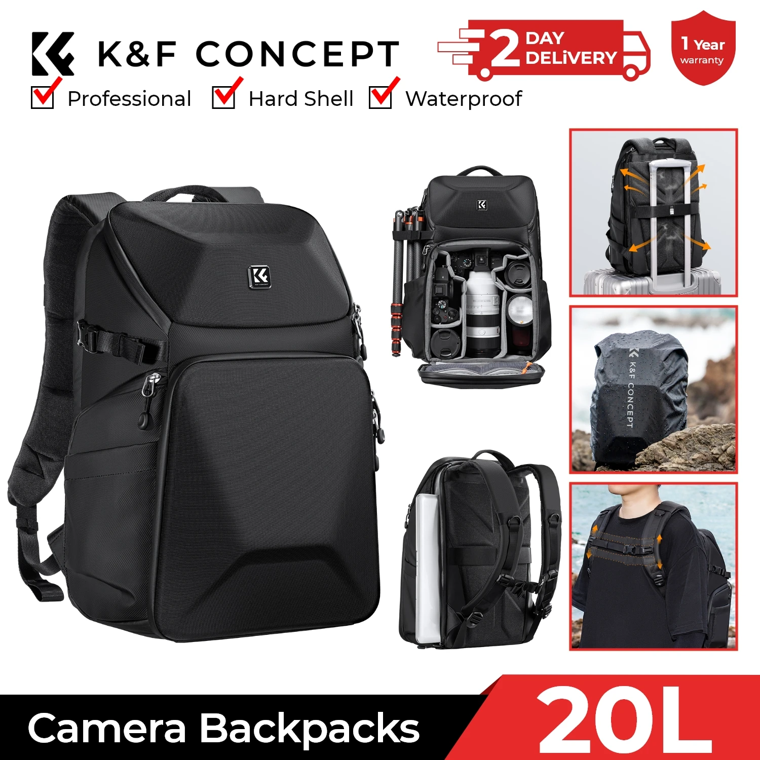 Laptop Bag Waterproof - กระเป๋าเป้สะพายหลังสำหรับกล้องถ่ายรูป K&F CONCEPT 20 ลิตร กันน้ำ