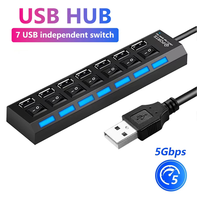 Laptop Accessories For Office - 7 พอร์ตยูเอสบี 2.0 ฮับสปลิตเตอร์สำหรับแล็ปท็อปอุปกรณ์เสริมคอมพิวเตอร์ไฟ LED แสดงสถานะควบคุมอิสระอุปกรณ์เวิร์กสเตชันสำหรับสำนักงานที่บ้าน